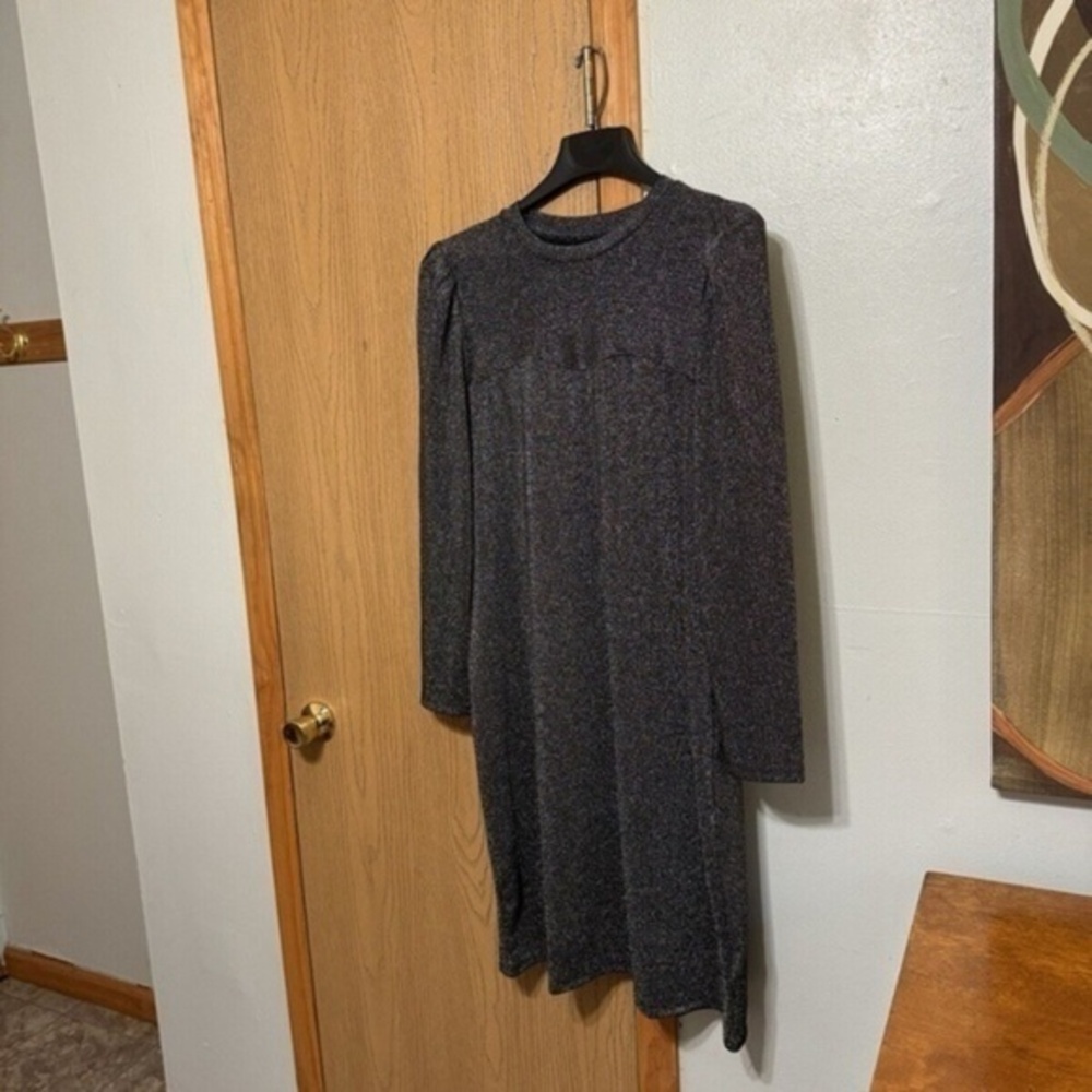 Gap NWT Large Black & Silver Puff Sleeve Metallic Ribbed Mid-Calf Dress